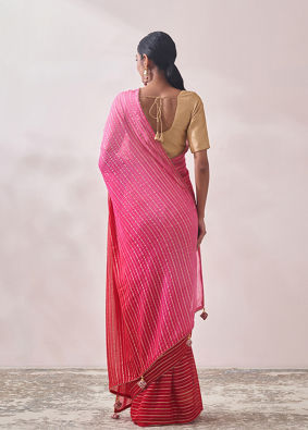 Pink Golden Striped Saree image number 2