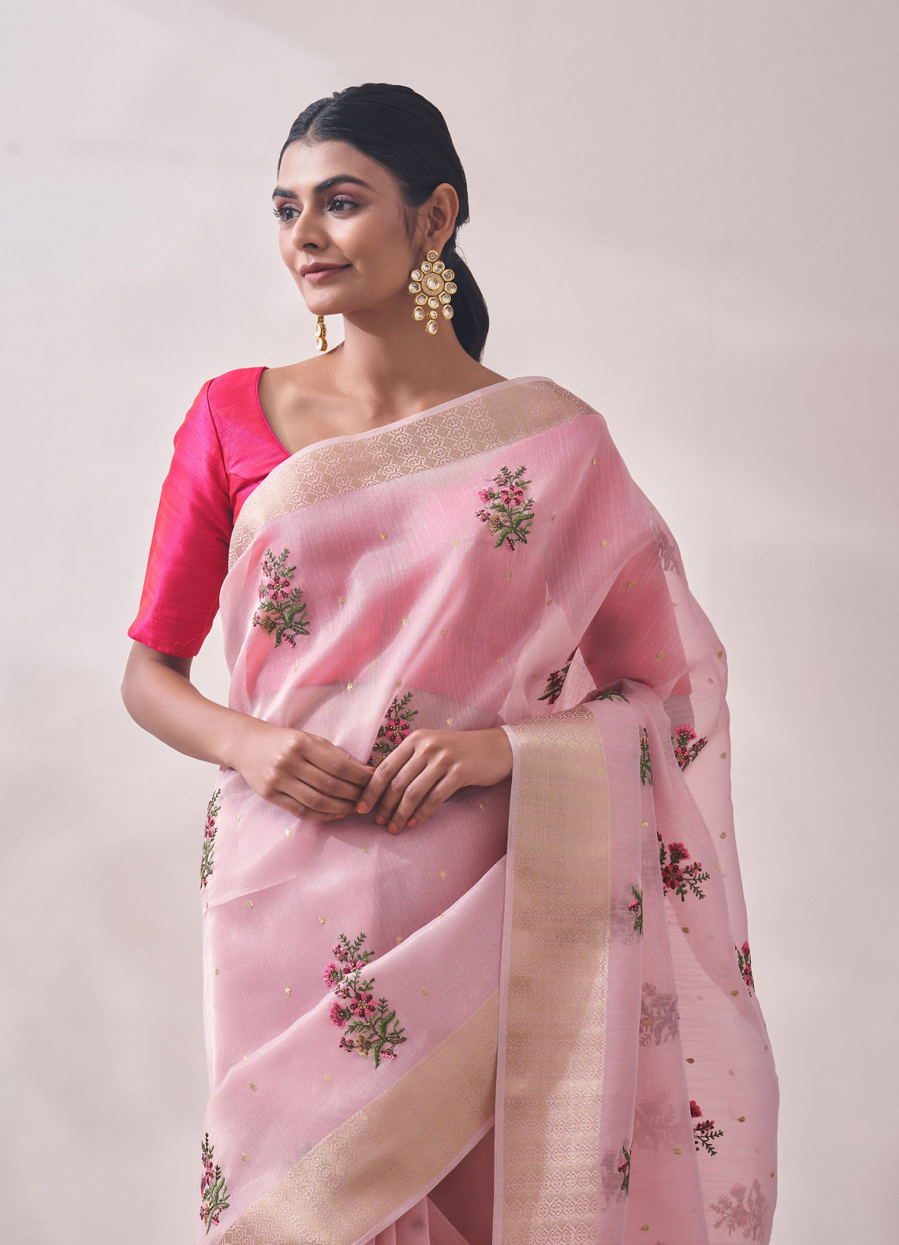 Mohey Women Light Pink Patterned Saree