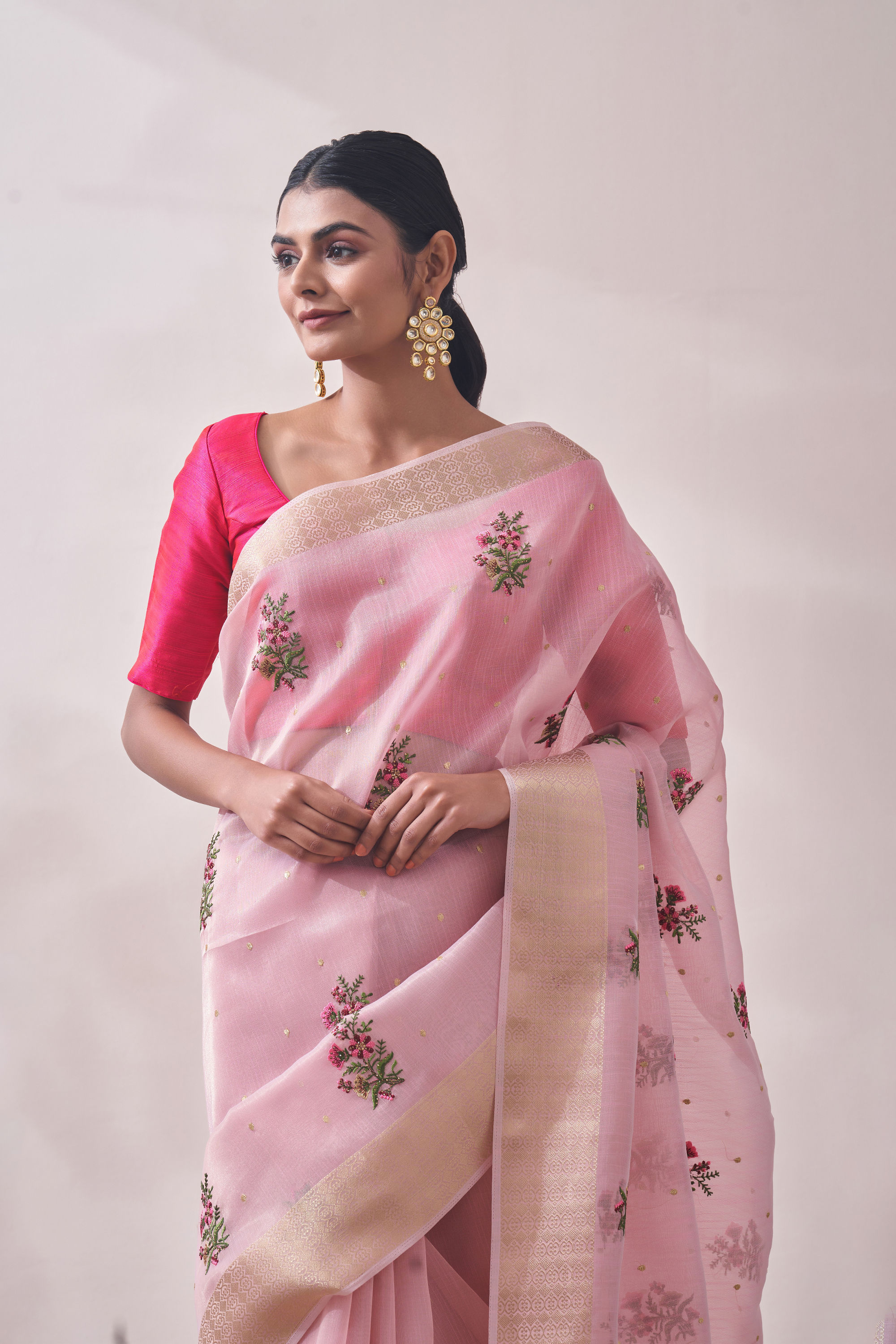 Mohey Women Light Pink Patterned Saree