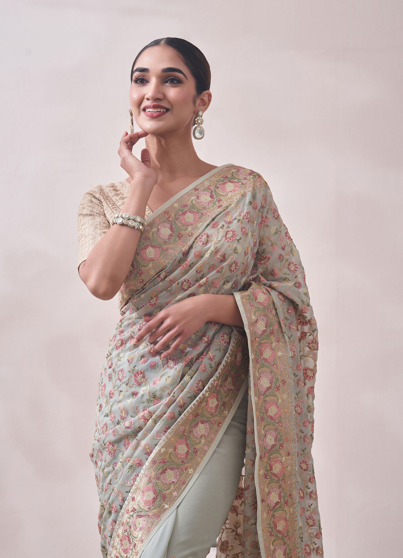 Mohey Women Light Turquoise Saree with Multicoloured Border