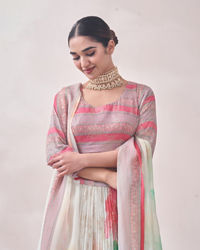 Mohey Women Floral Cream and Pink Patterned Lehenga