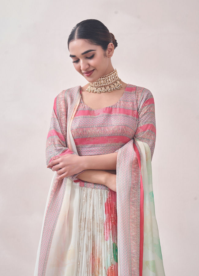 Floral Cream and Pink Patterned Lehenga image number 1