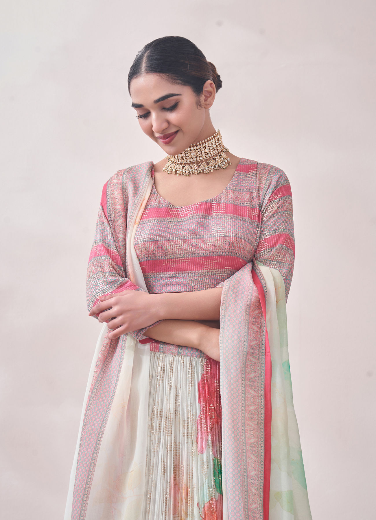 Mohey Women Floral Cream and Pink Patterned Lehenga