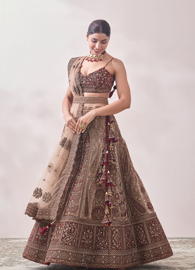 Buy Fawn Paisley Patterned Bridal Lehenga Online in India @Mohey - Lehenga  for Women