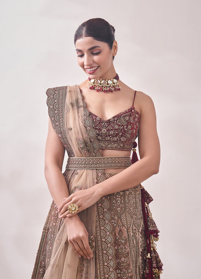 Fawn Paisley Patterned Bridal Lehenga image number 1