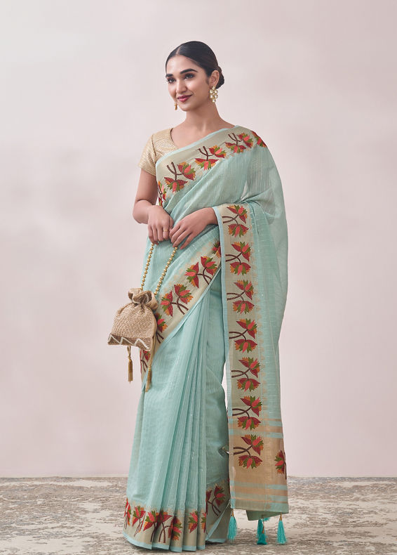 Mohey Women Light Blue Self Design Saree