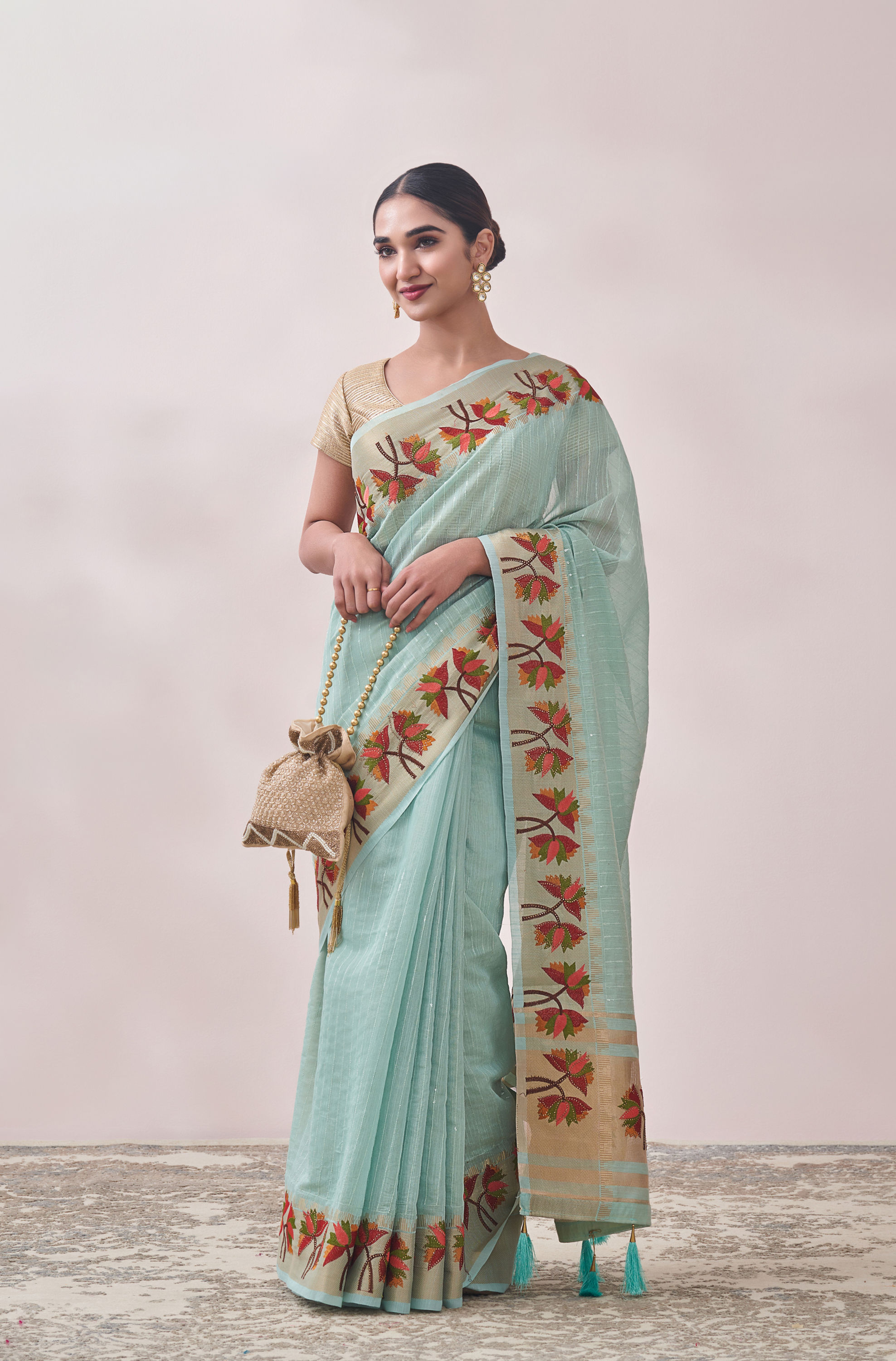 Mohey Women Light Blue Self Design Saree