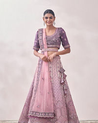 Mohey Women Light Lilac Floral Art Nouveau Patterned Bridal Lehenga