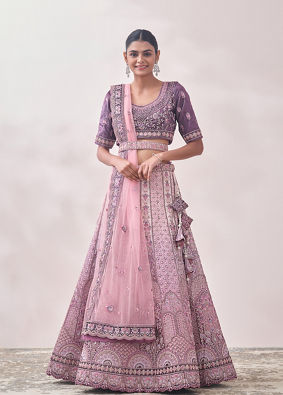 Mohey Women Light Lilac Floral Art Nouveau Patterned Bridal Lehenga
