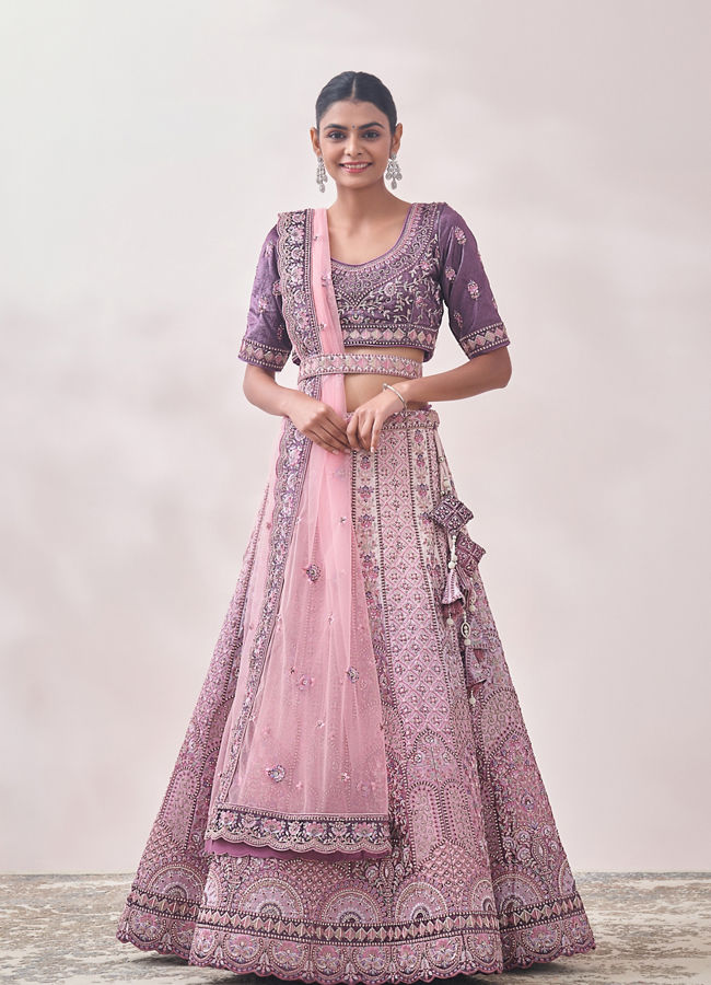 Mohey Women Light Lilac Floral Art Nouveau Patterned Bridal Lehenga