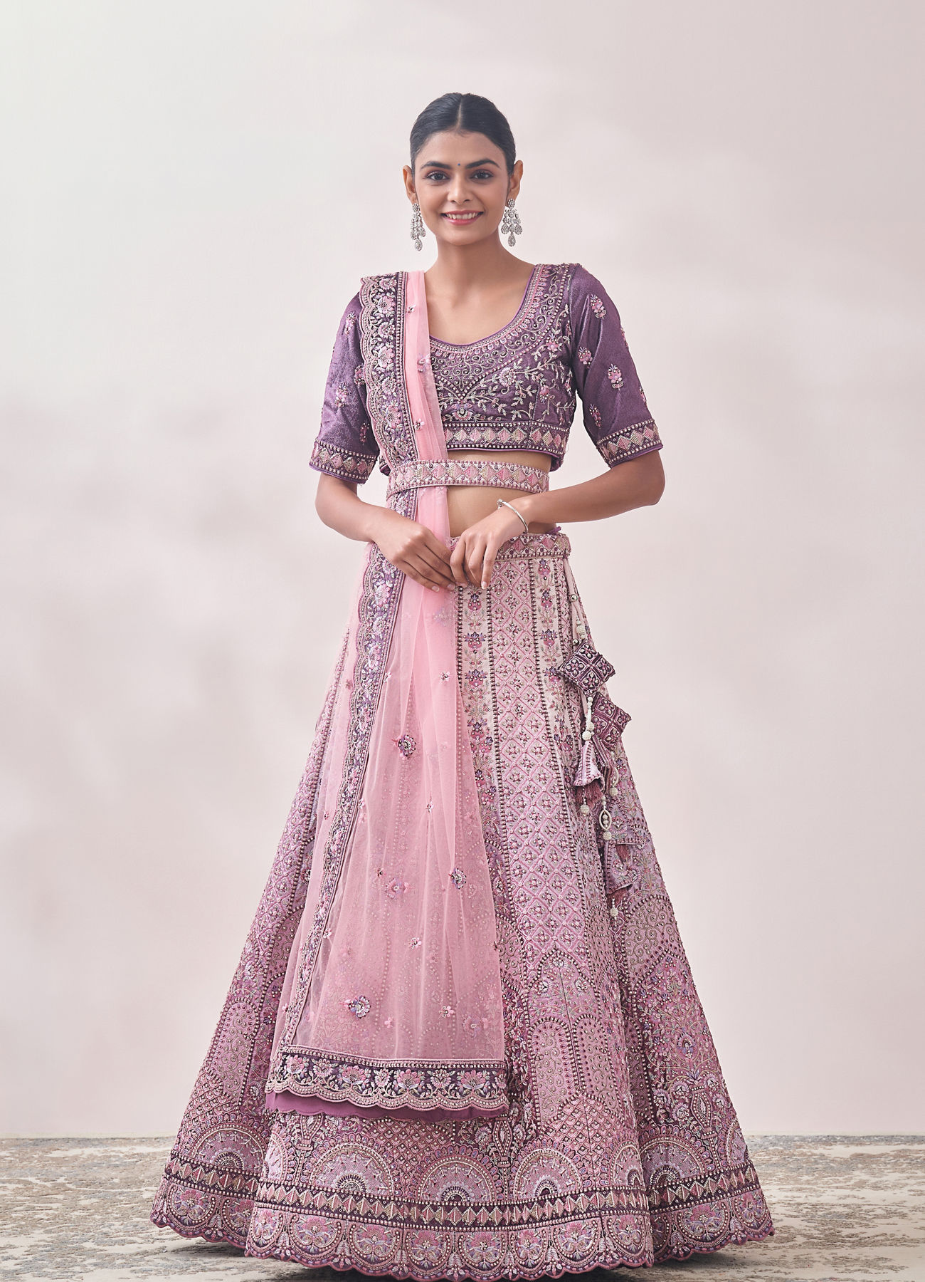 Mohey Women Light Lilac Floral Art Nouveau Patterned Bridal Lehenga