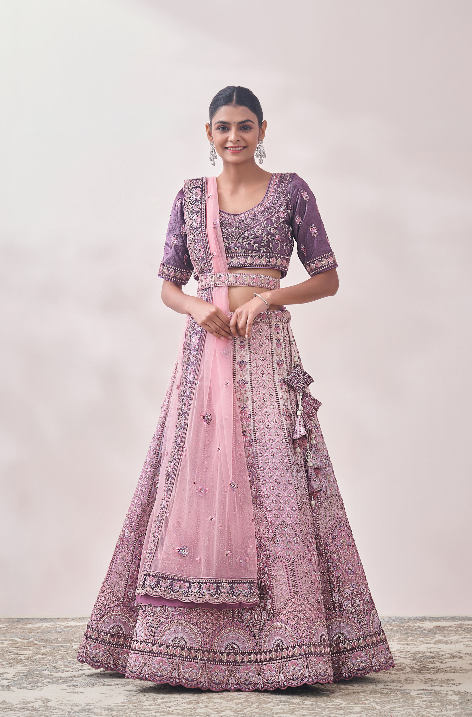 Mohey Women Light Lilac Floral Art Nouveau Patterned Bridal Lehenga