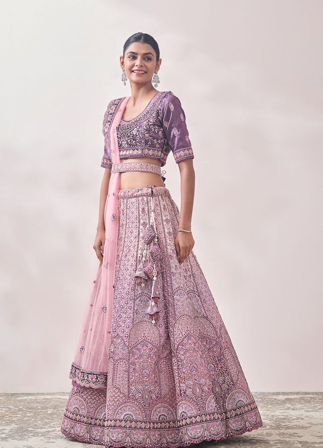 Mohey Women Light Lilac Floral Art Nouveau Patterned Bridal Lehenga