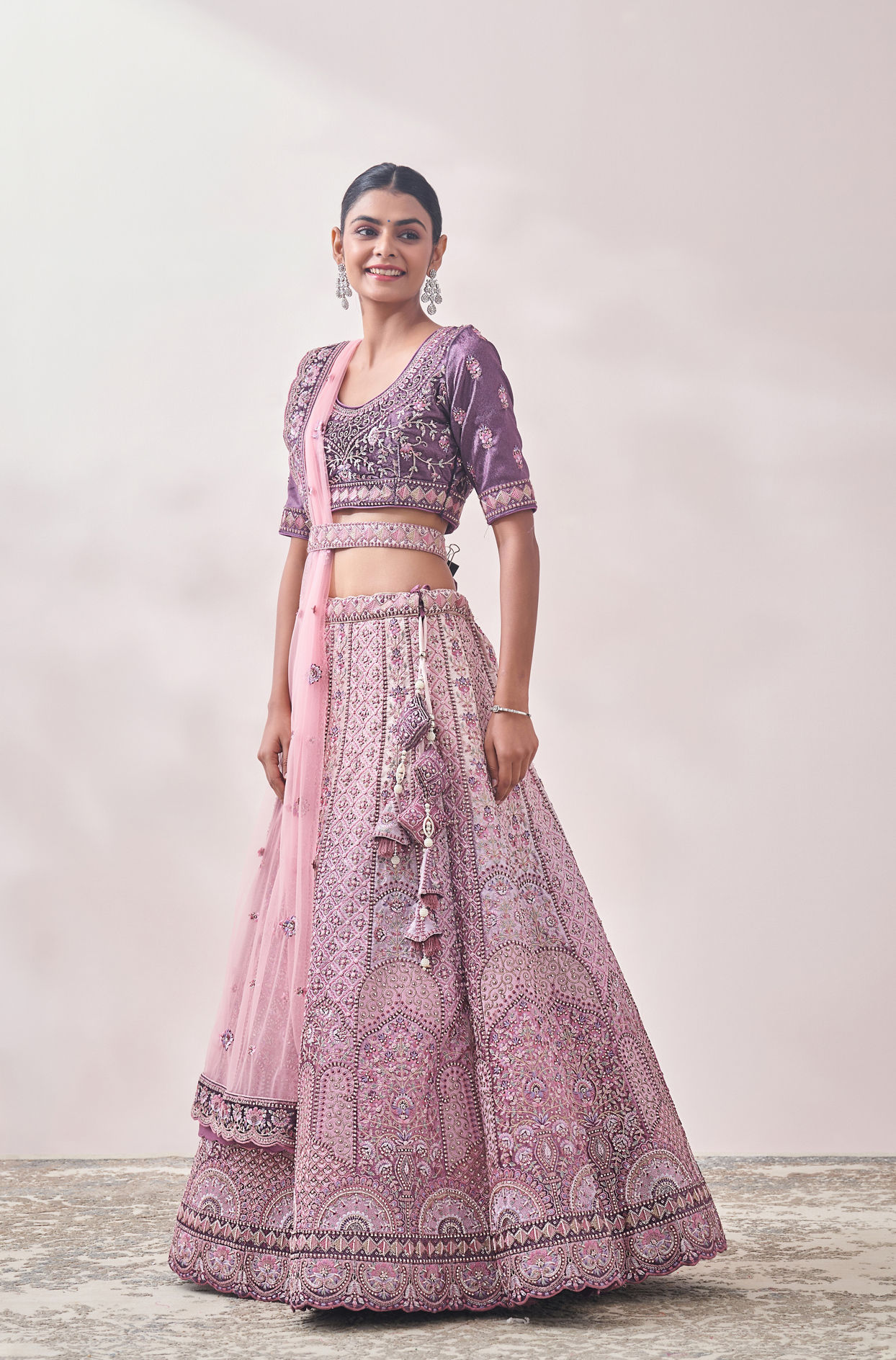 Mohey Women Light Lilac Floral Art Nouveau Patterned Bridal Lehenga