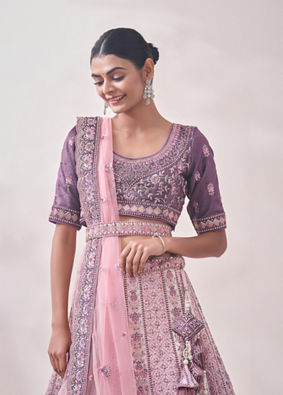 Mohey Women Light Lilac Floral Art Nouveau Patterned Bridal Lehenga