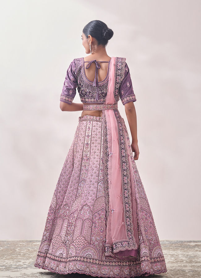 Mohey Women Light Lilac Floral Art Nouveau Patterned Bridal Lehenga