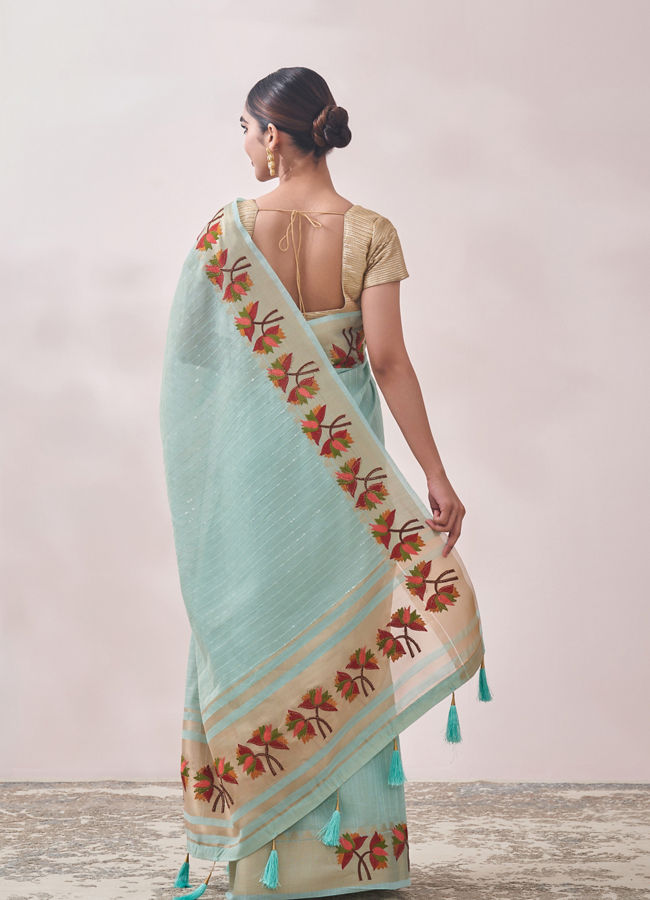 Mohey Women Light Blue Self Design Saree