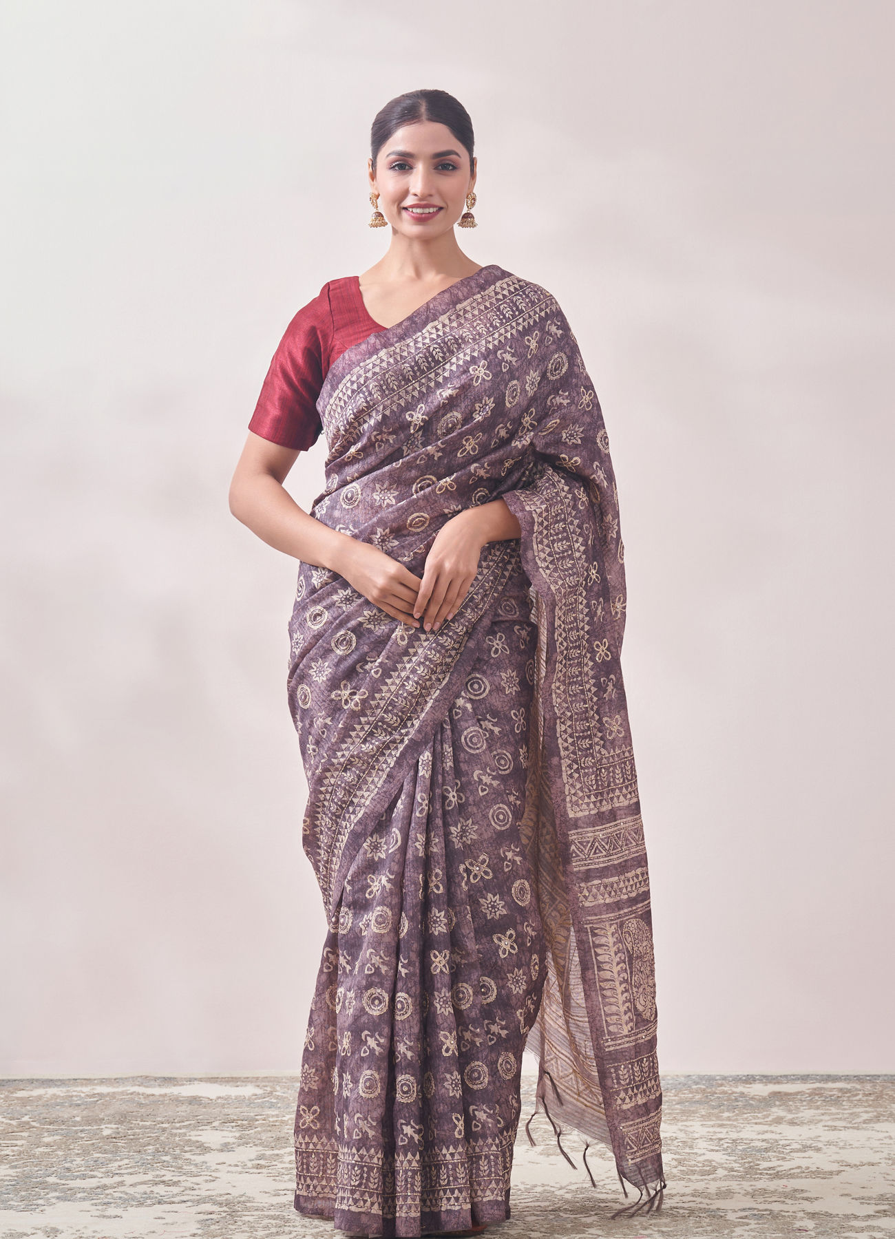 Mohey Women Purple Chanderi Print Saree