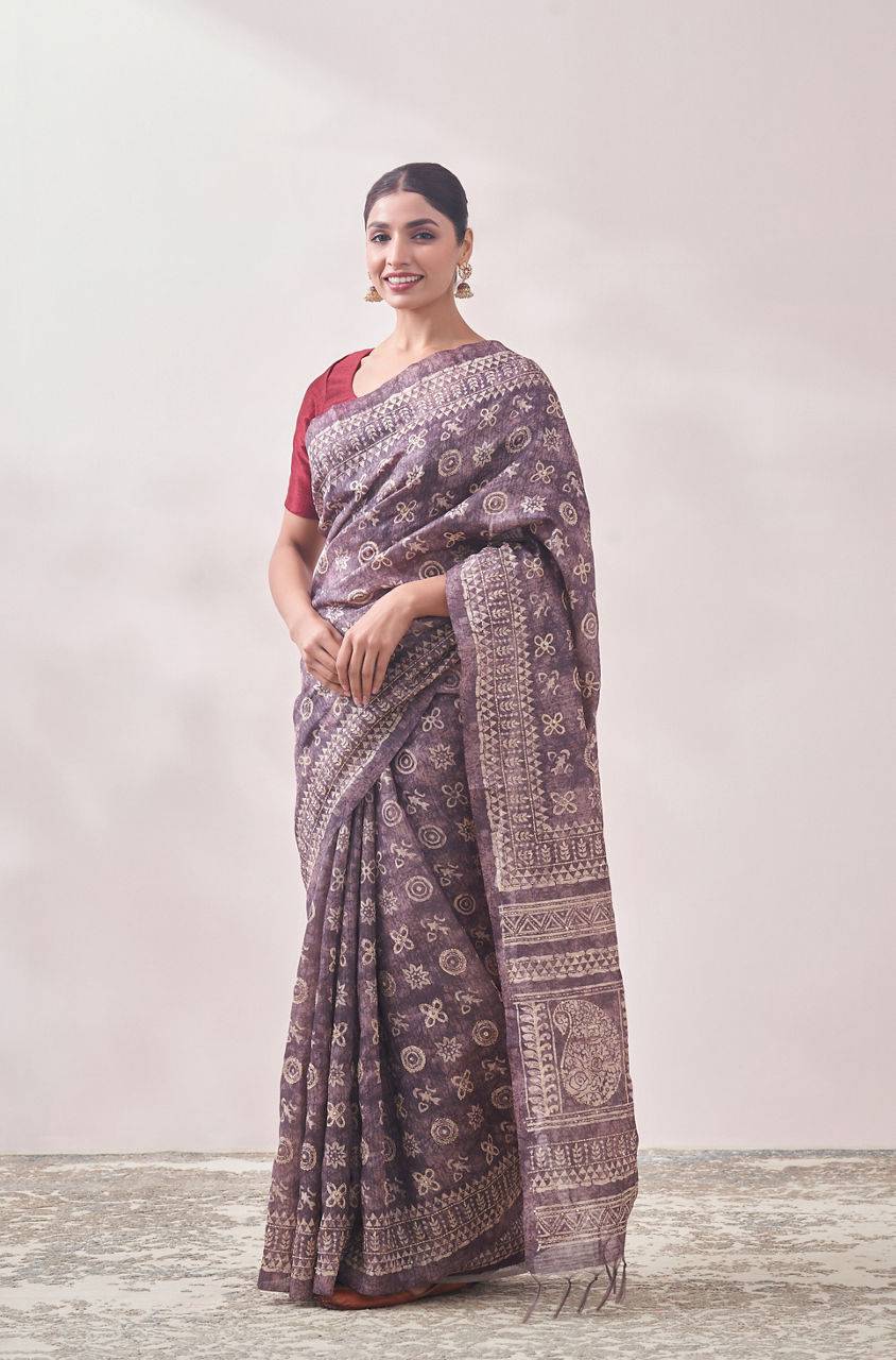 Mohey Women Purple Chanderi Print Saree