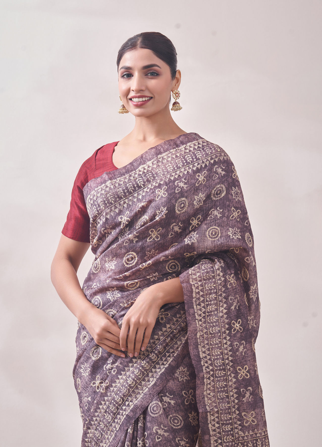 Mohey Women Purple Chanderi Print Saree