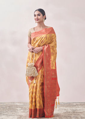 Sunset Yellow Zari Weaved Saree image number 1
