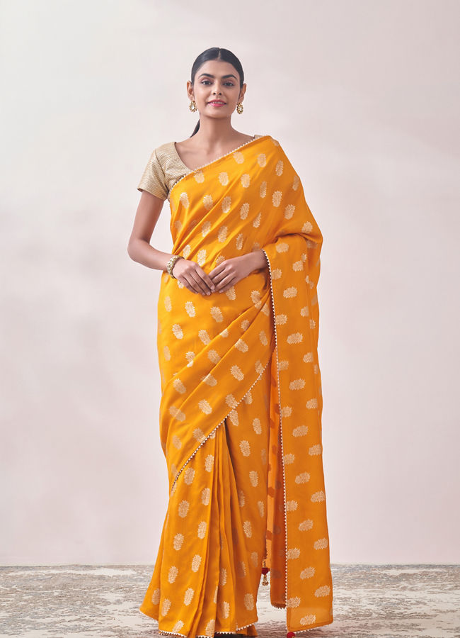 alt message - Mohey Women Mustard Self Design Saree image number 0