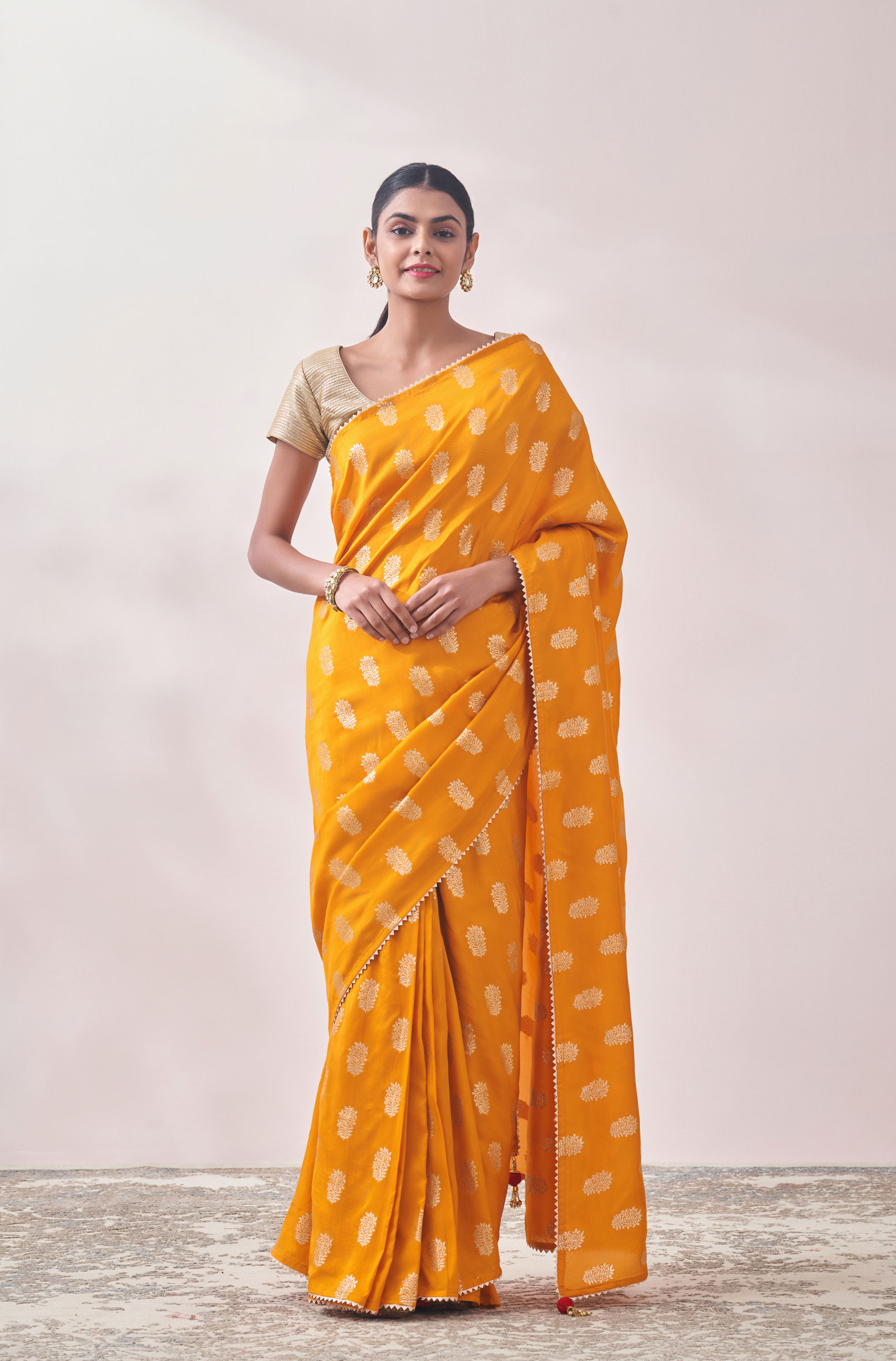 Mohey Women Mustard Self Design Saree