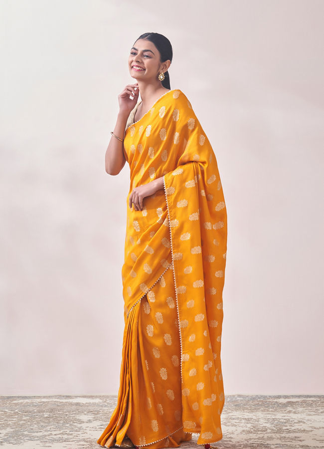 Mohey Women Mustard Self Design Saree