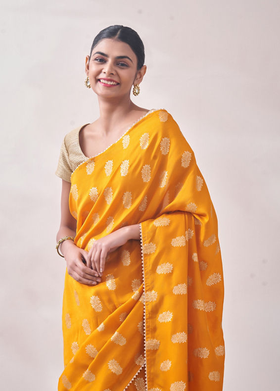 Mohey Women Mustard Self Design Saree
