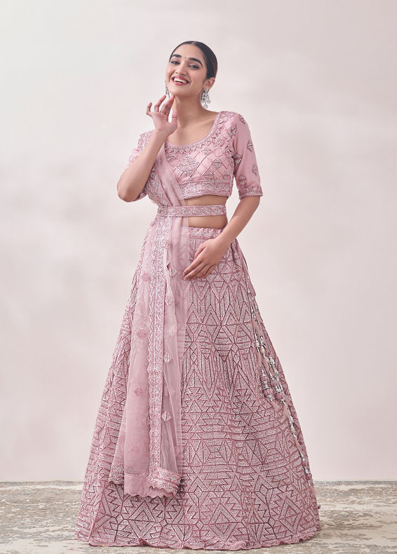 Mohey Women Fairy Tale Pink Triangular Patterned Bridal Lehenga