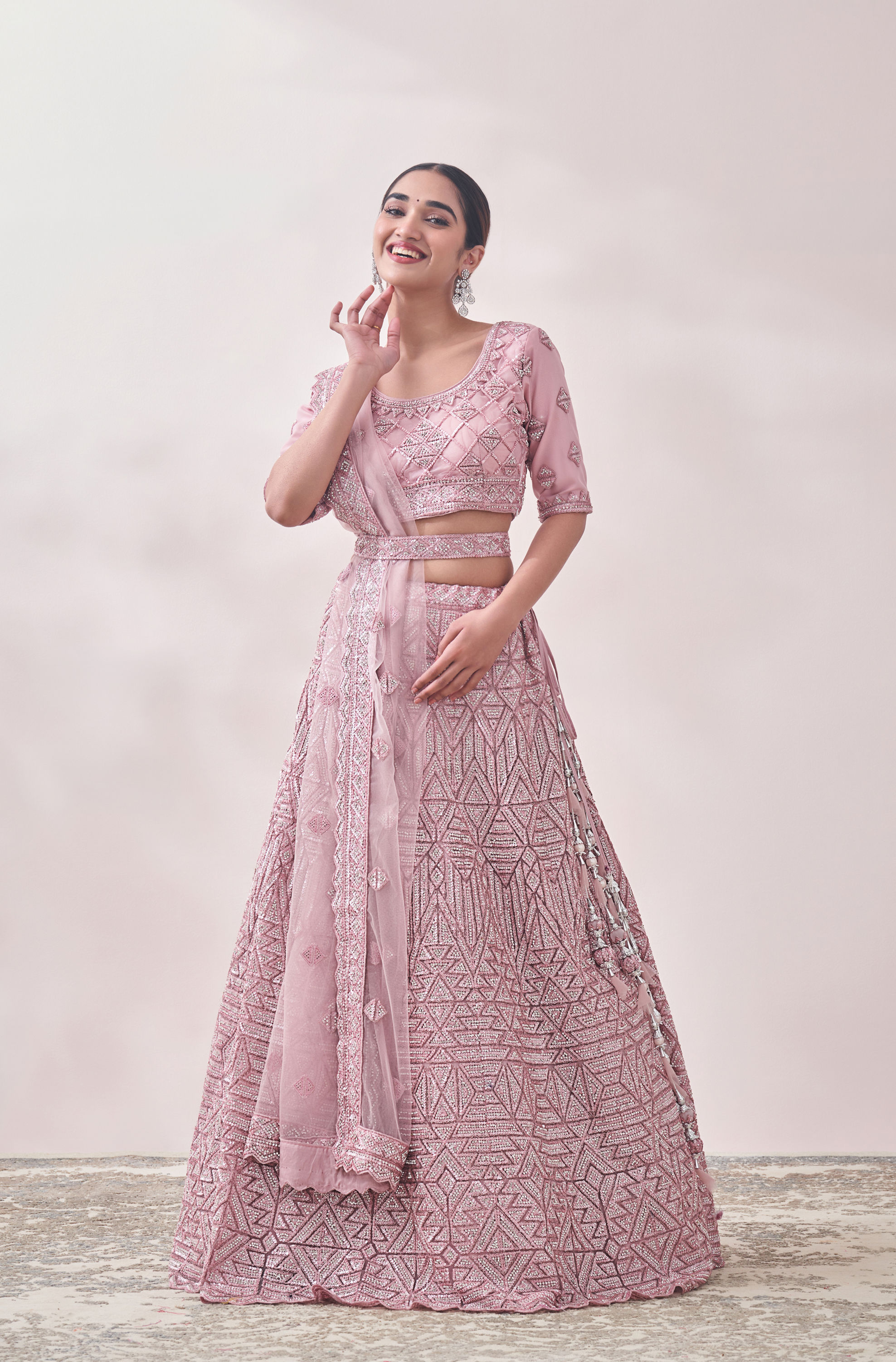 Mohey Women Fairy Tale Pink Triangular Patterned Bridal Lehenga