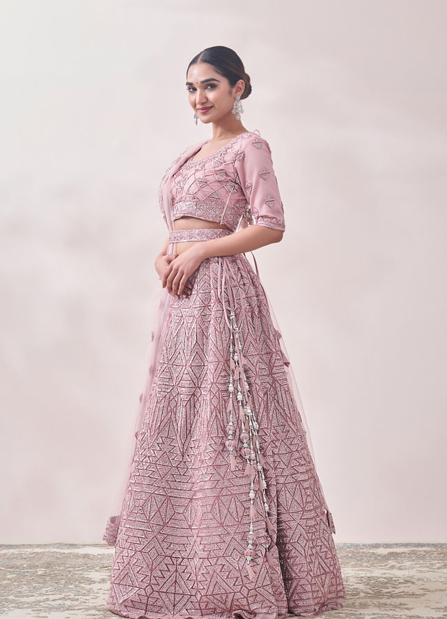 Fairy Tale Pink Triangular Patterned Bridal Lehenga image number 2