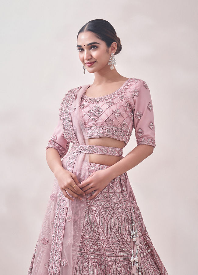 Fairy Tale Pink Triangular Patterned Bridal Lehenga image number 1