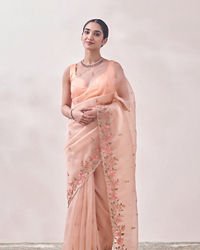 Mohey Women Coral Floral Embroidered Organza Saree