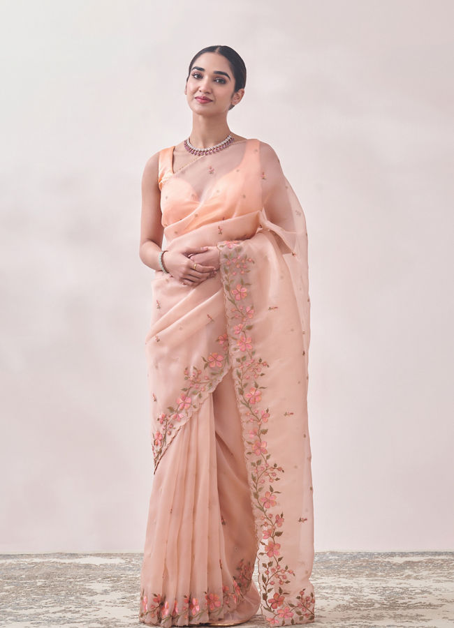 Mohey Women Coral Floral Embroidered Organza Saree image number 0