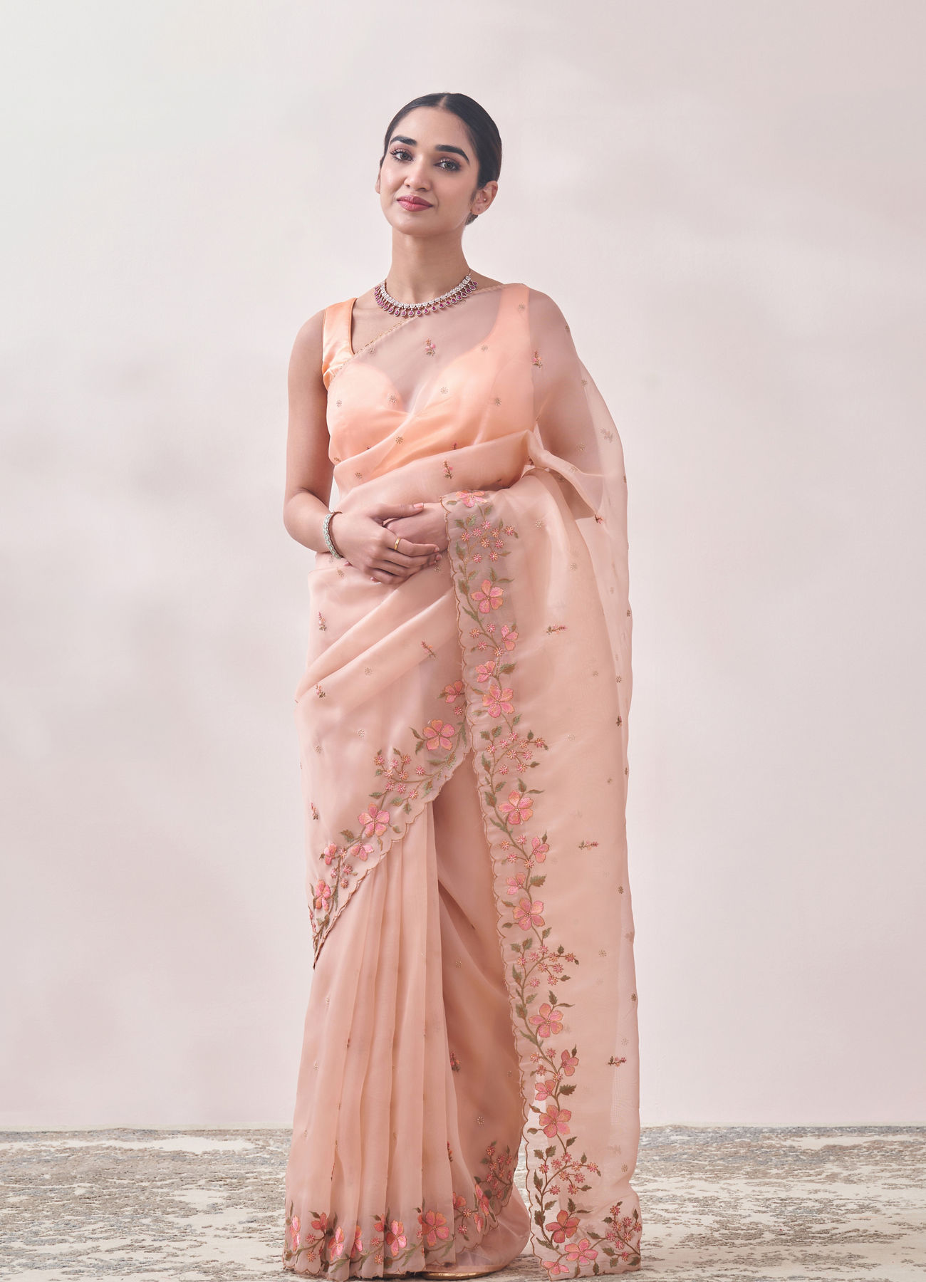 Mohey Women Coral Floral Embroidered Organza Saree