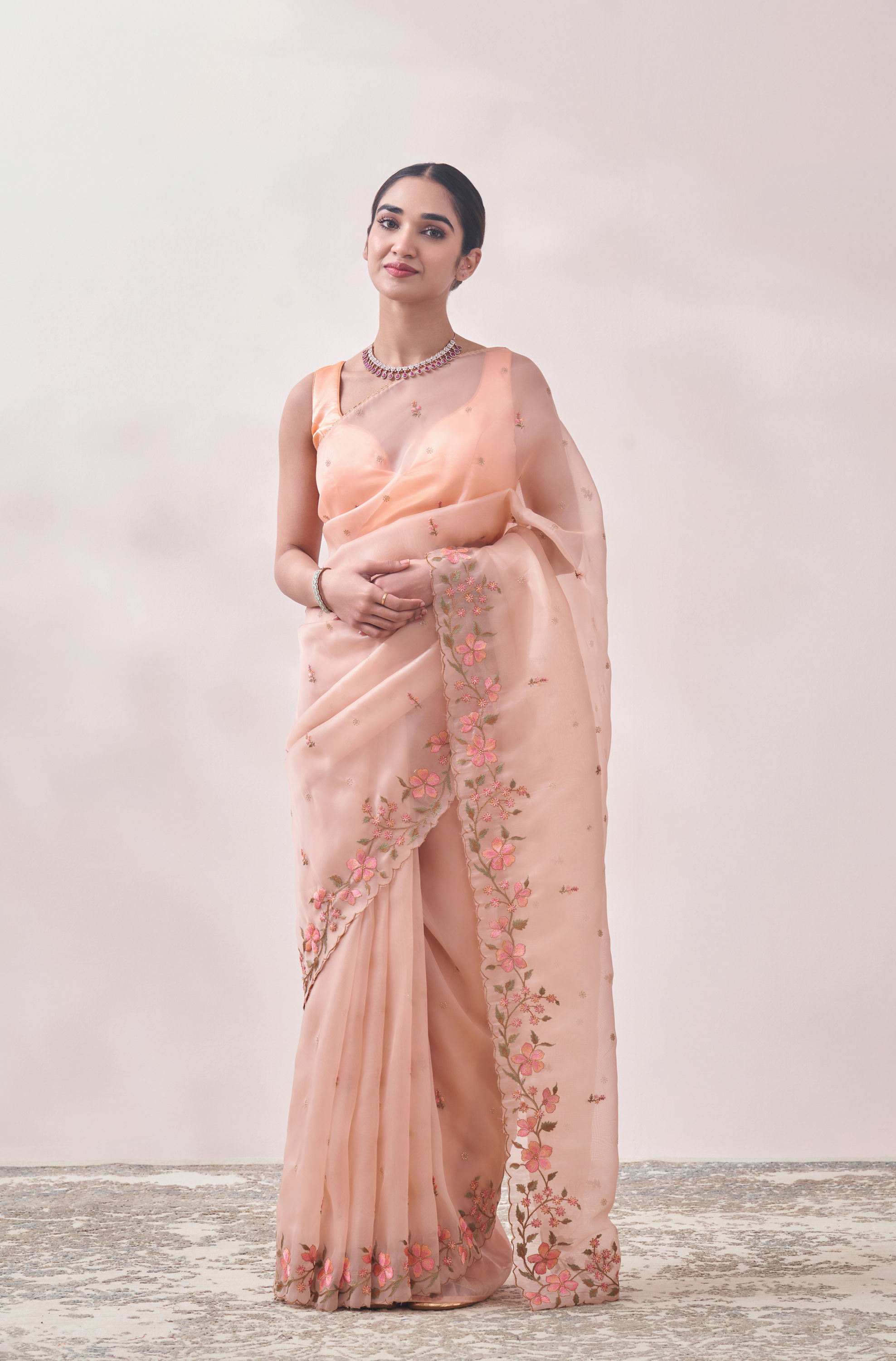 Mohey Women Coral Floral Embroidered Organza Saree