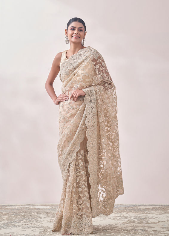 Mohey Women Light Beige Stone Embroidered Saree