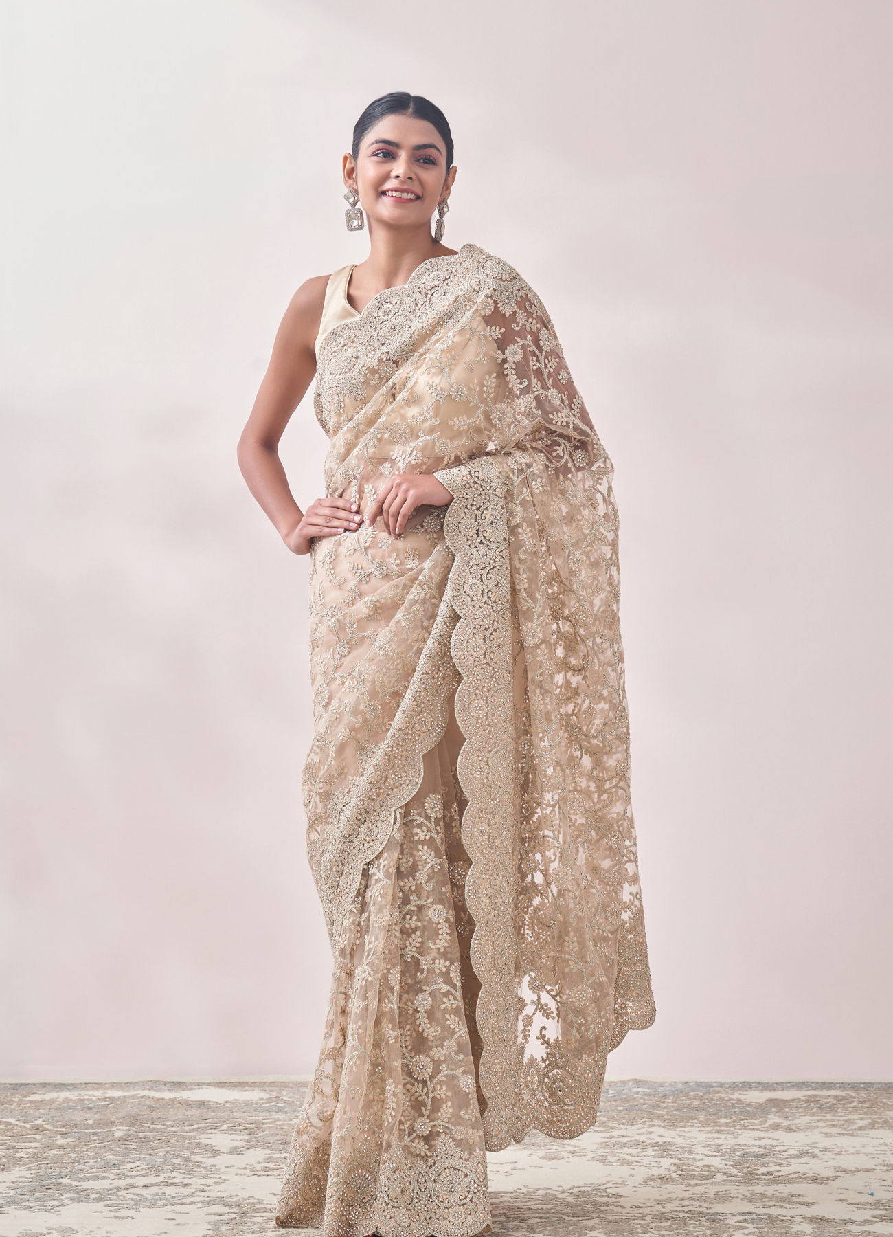 Mohey Women Light Beige Stone Embroidered Saree