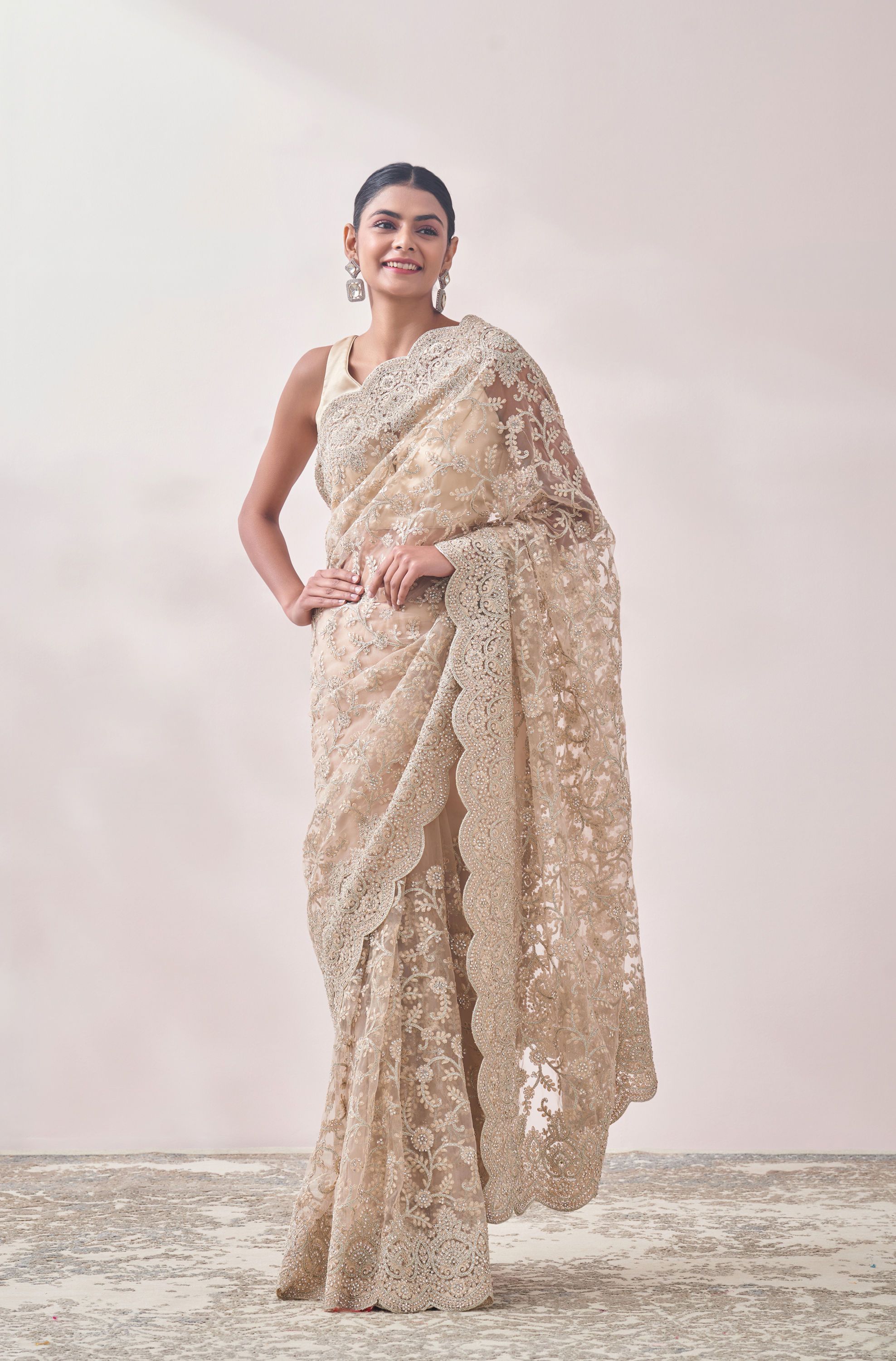 Mohey Women Light Beige Stone Embroidered Saree