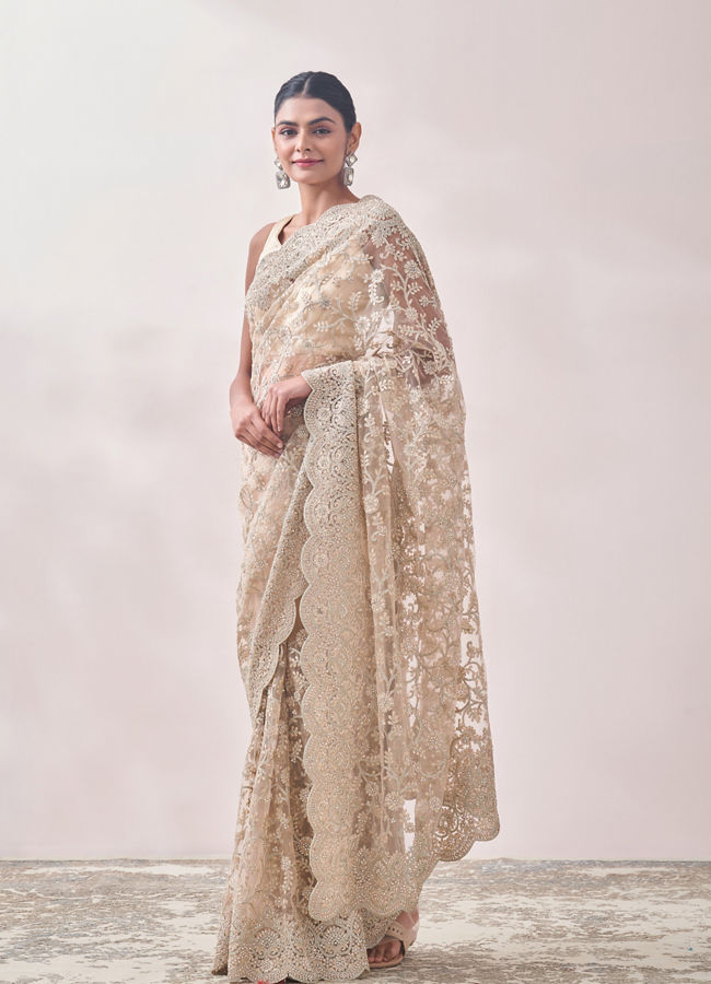 Mohey Women Light Beige Stone Embroidered Saree