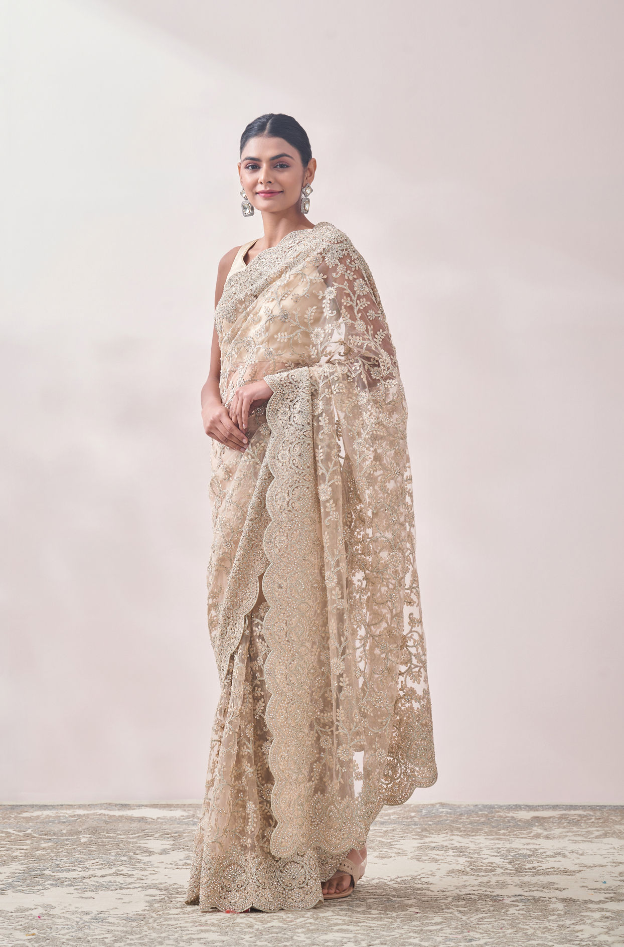 Mohey Women Light Beige Stone Embroidered Saree