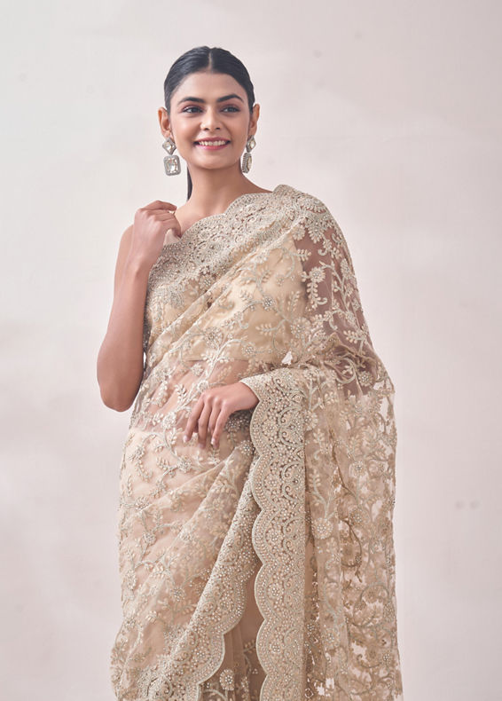 Mohey Women Light Beige Stone Embroidered Saree