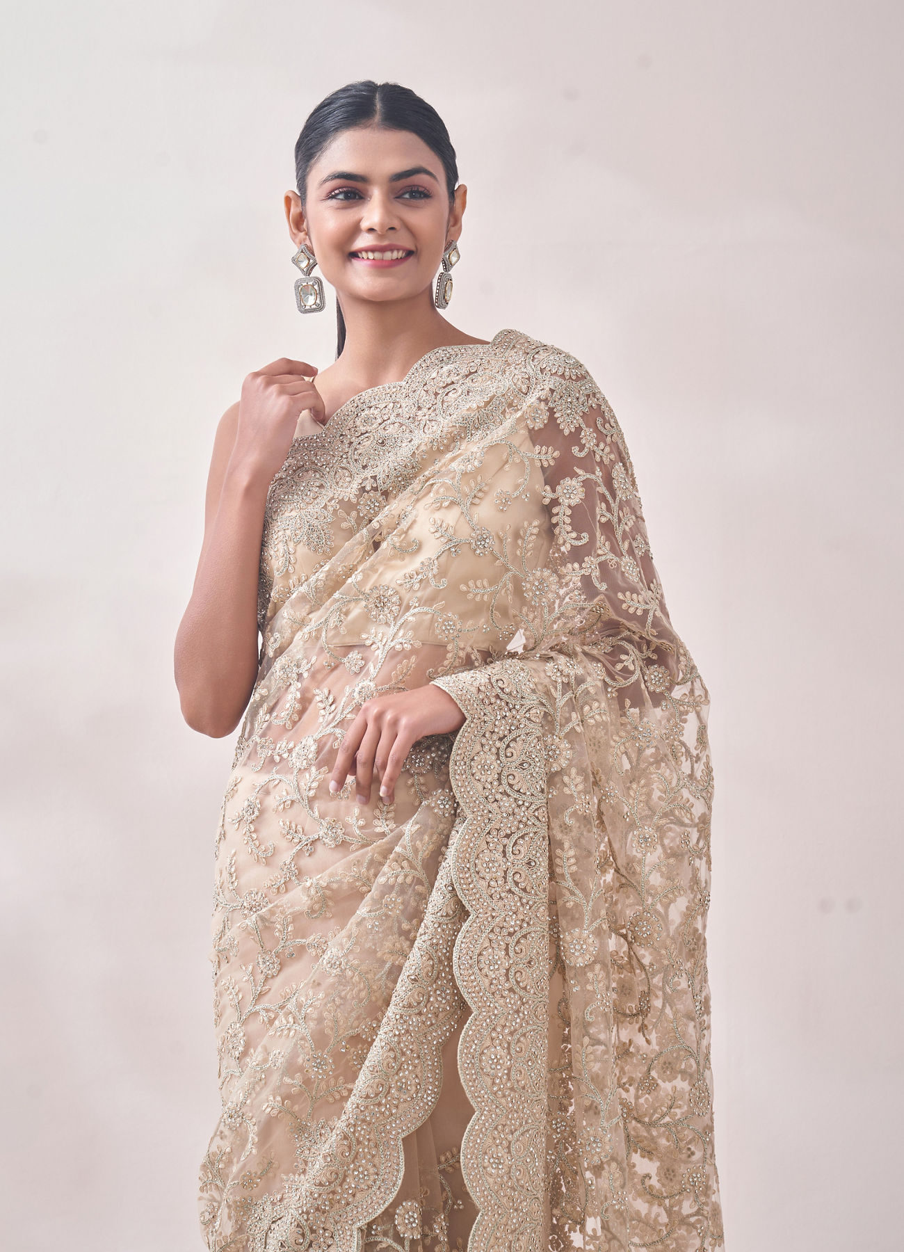 Mohey Women Light Beige Stone Embroidered Saree