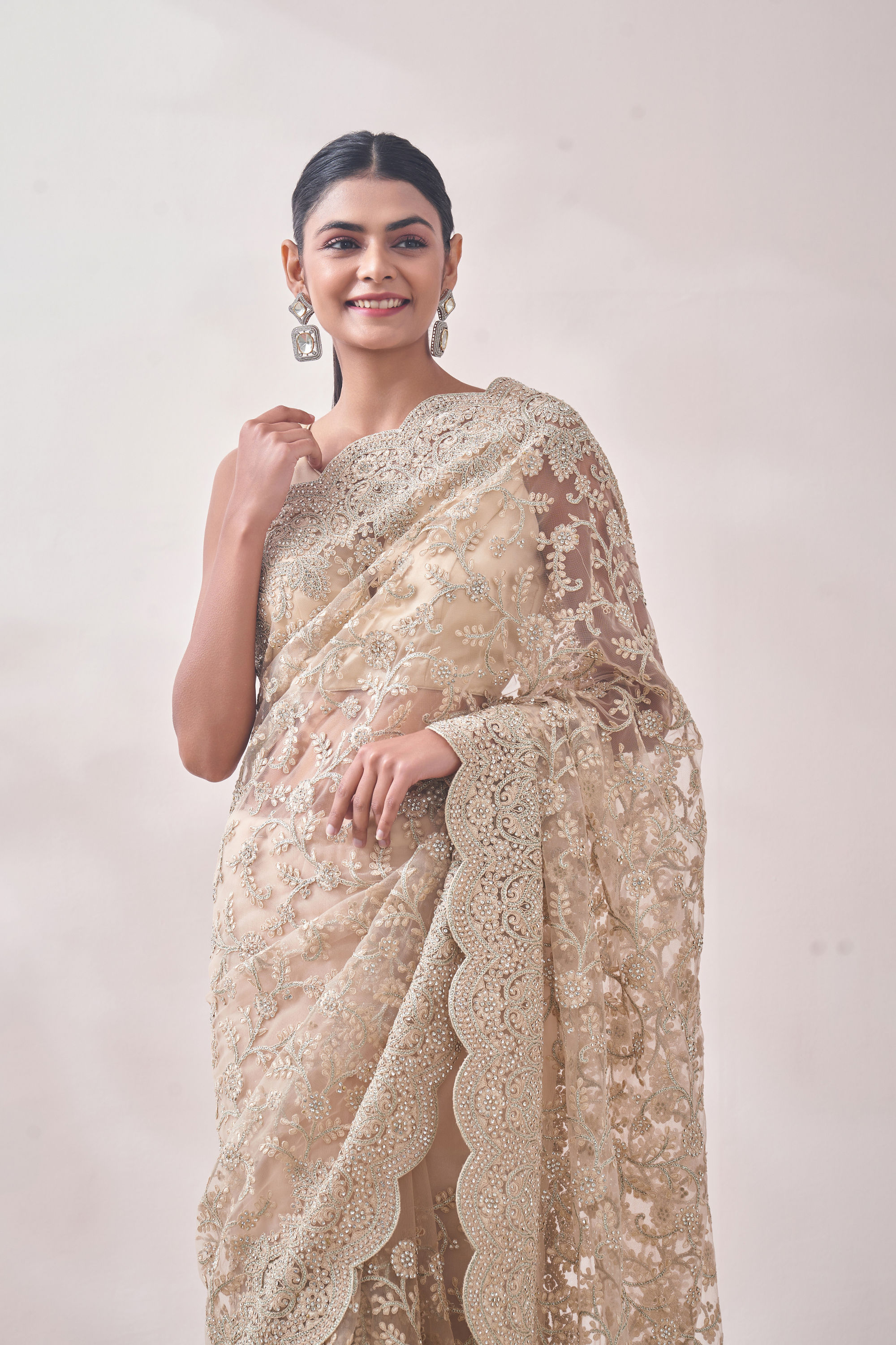 Mohey Women Light Beige Stone Embroidered Saree