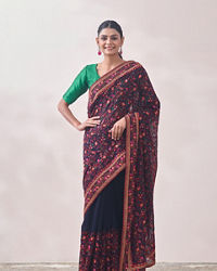 Mohey Women Dark Blue Floral Embroidered Saree