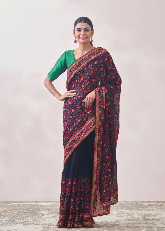 Mohey Women Dark Blue Floral Embroidered Saree