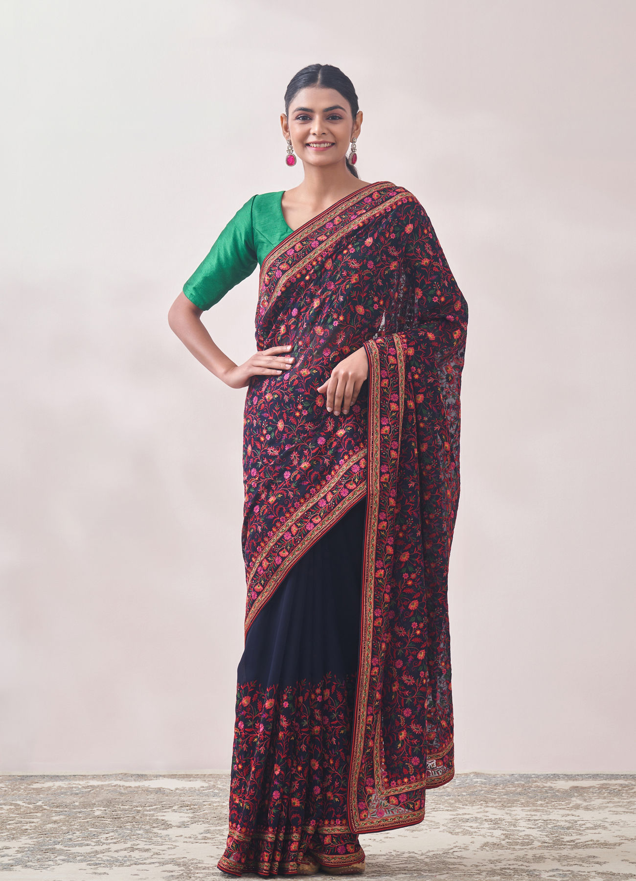 Mohey Women Dark Blue Floral Embroidered Saree