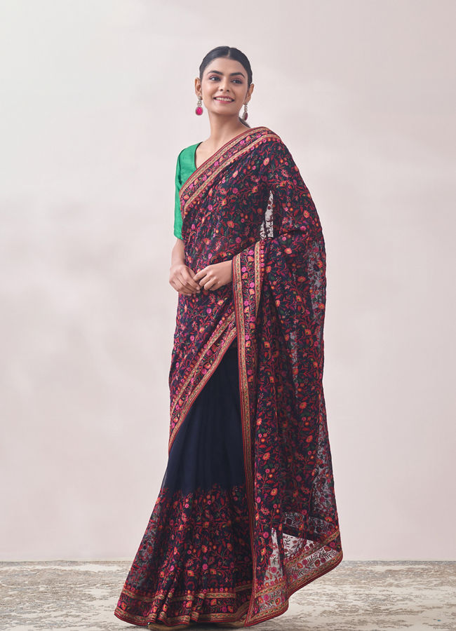 Mohey Women Dark Blue Floral Embroidered Saree