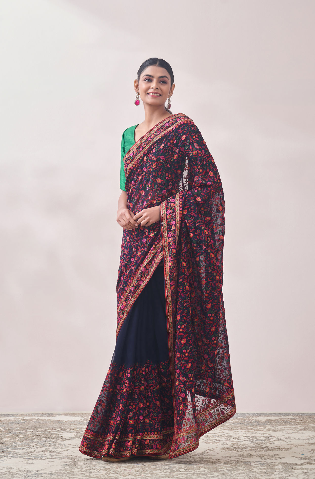 Mohey Women Dark Blue Floral Embroidered Saree